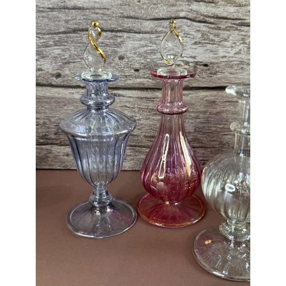 Vintage Egyptian Hand Blown Glass Perfume Bottle Set Etched SEE PICS